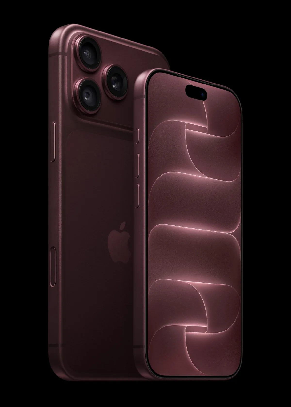iPhone 18 Pro a iPhone 18 Pro Max v burgundsky červené barvě, pohled zezadu a zepředu